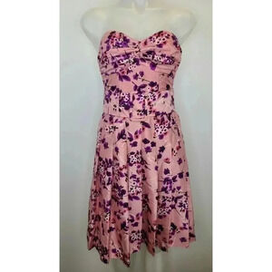 Express Silk Y2K Pink Floral Print Strapless Pleated Silk Dress Barbiecore 0